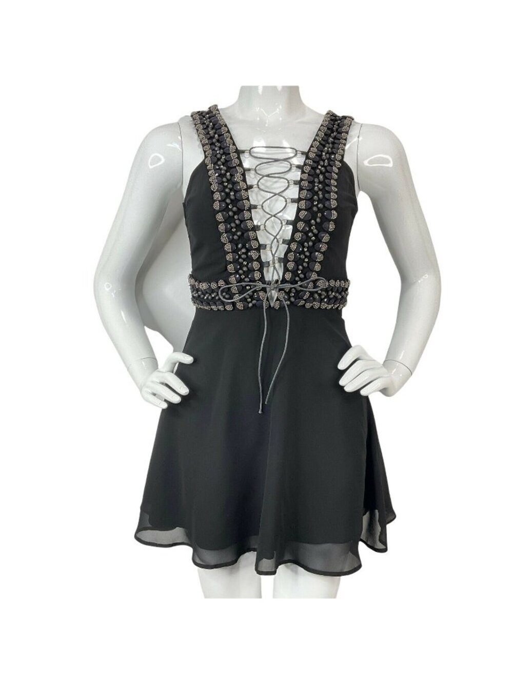 X by Nbd Dress Womens Sz O Black Mini Nova Embellish Beaded Lace Front Nwt $428